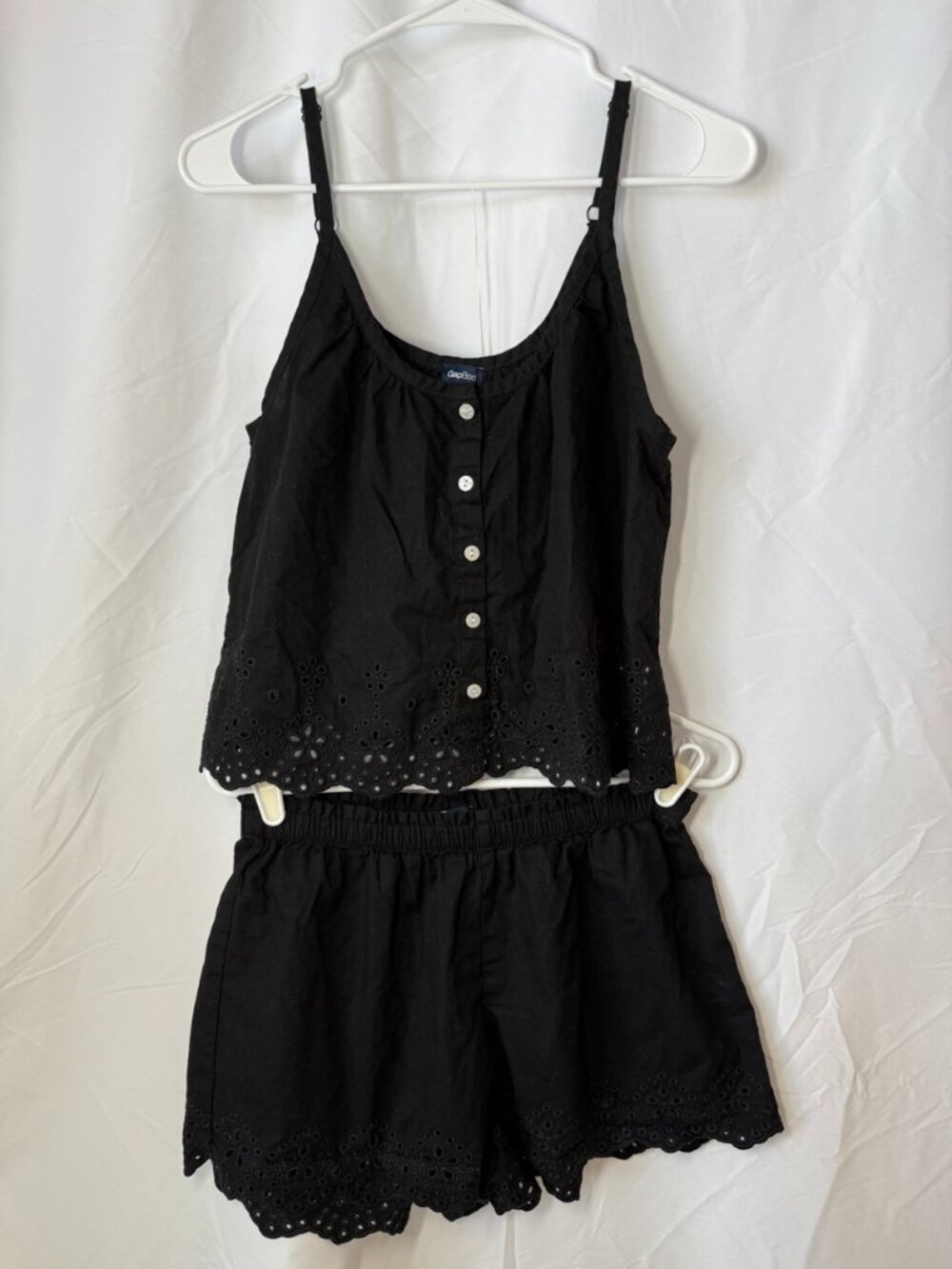 GapBody Black Cotton Eyelet 2-Piece Pajama Set – Button Front Cami & Shorts